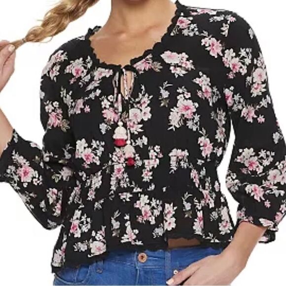 American Rag Black Floral Sweetheart Blouse - Picture 1 of 9